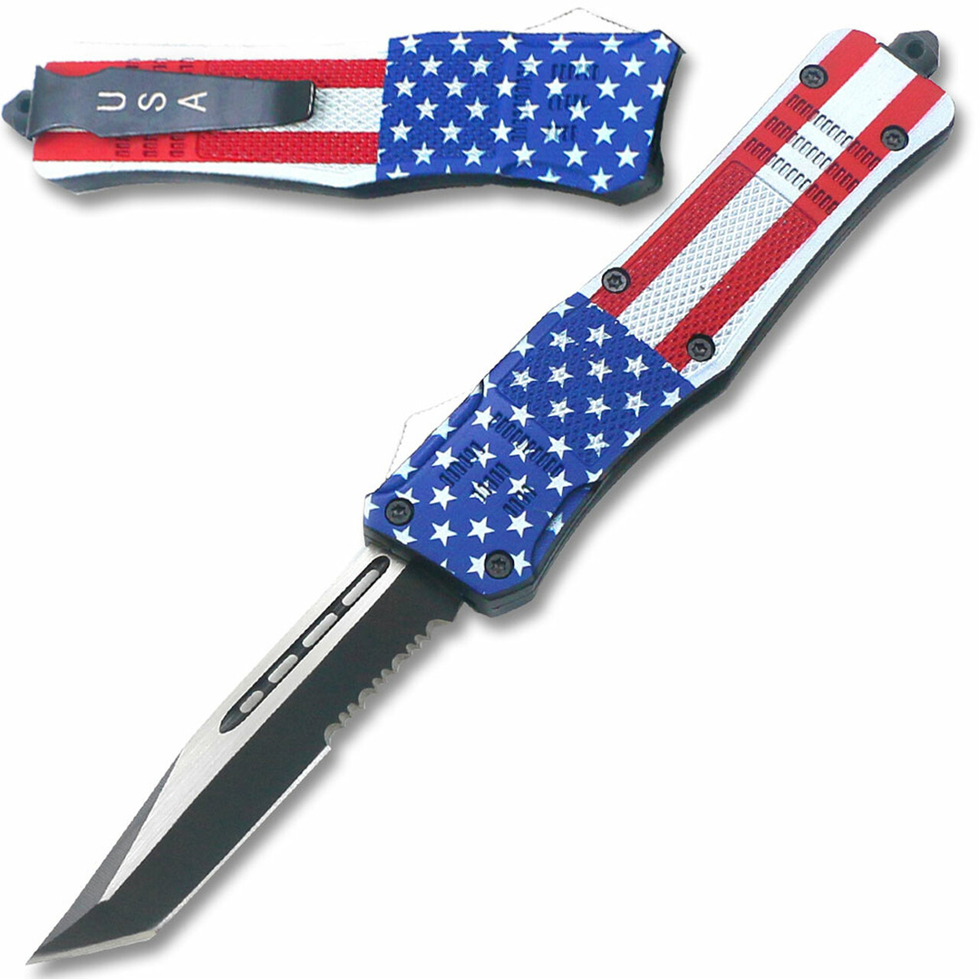 Ohio Knife and Tool American Flag Swift OTF Knife TANTO Edge Serrated