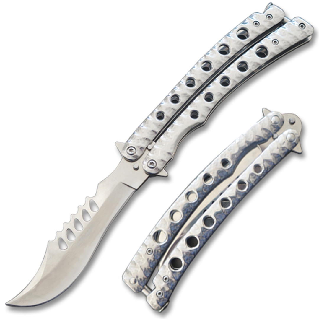 Ohio Knife and Tool Serrated Swift Black Handle Balisong Silver Blade