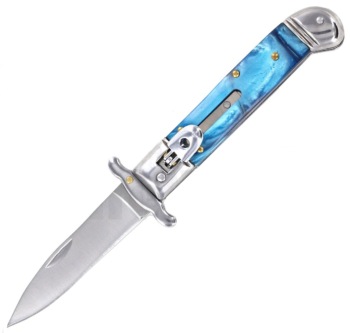 MILANO 8" LEVERLOCK SWINGUARD AUTOMATIC KNIFE BLUE SWIRL (3.25" SATIN) (OH-MLSG8BLS)