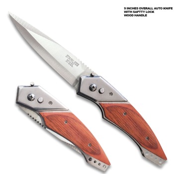 Auto Push Button 9 Inches Wood Handle Pocket Knife w/ Sheath (OH-A238WD)