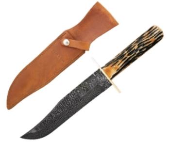 14 3/8 In. American Std Bowie Damascus Genuine India Stag Bone W/lth S (BS-BS502D)