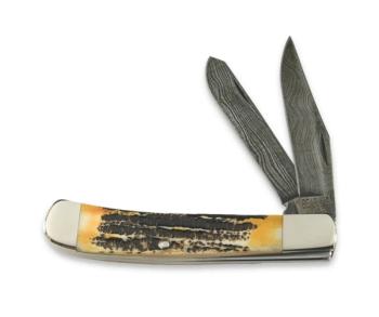 4 1/8 In. Genuine India Stag Bone 2 Blade Trapper Damascus (BS-BS554D)